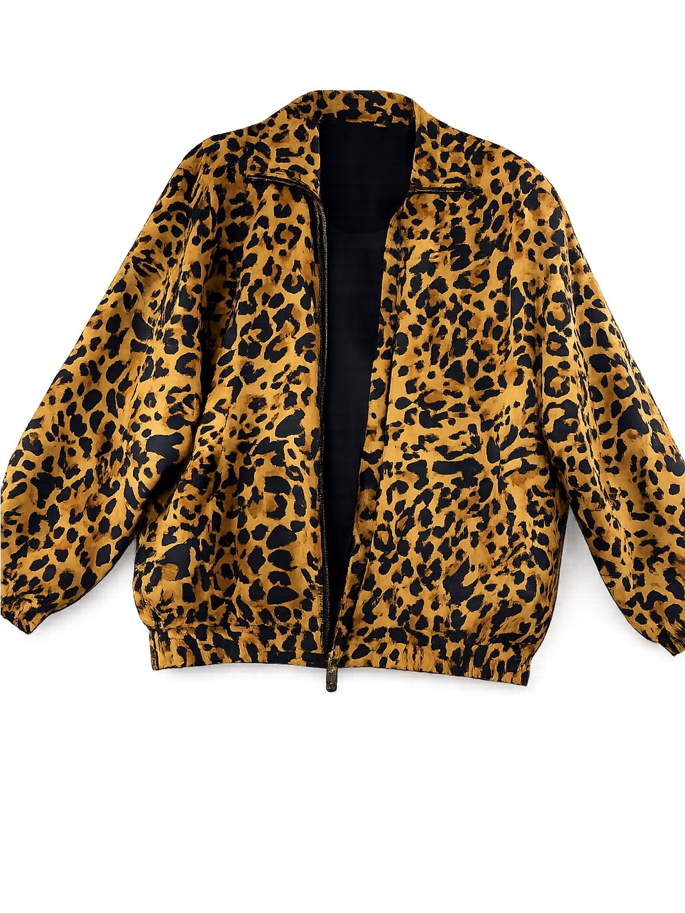 Leopard Print Bomber Jacket Women's Tan Black Zip Front Lightweight Statement Lg